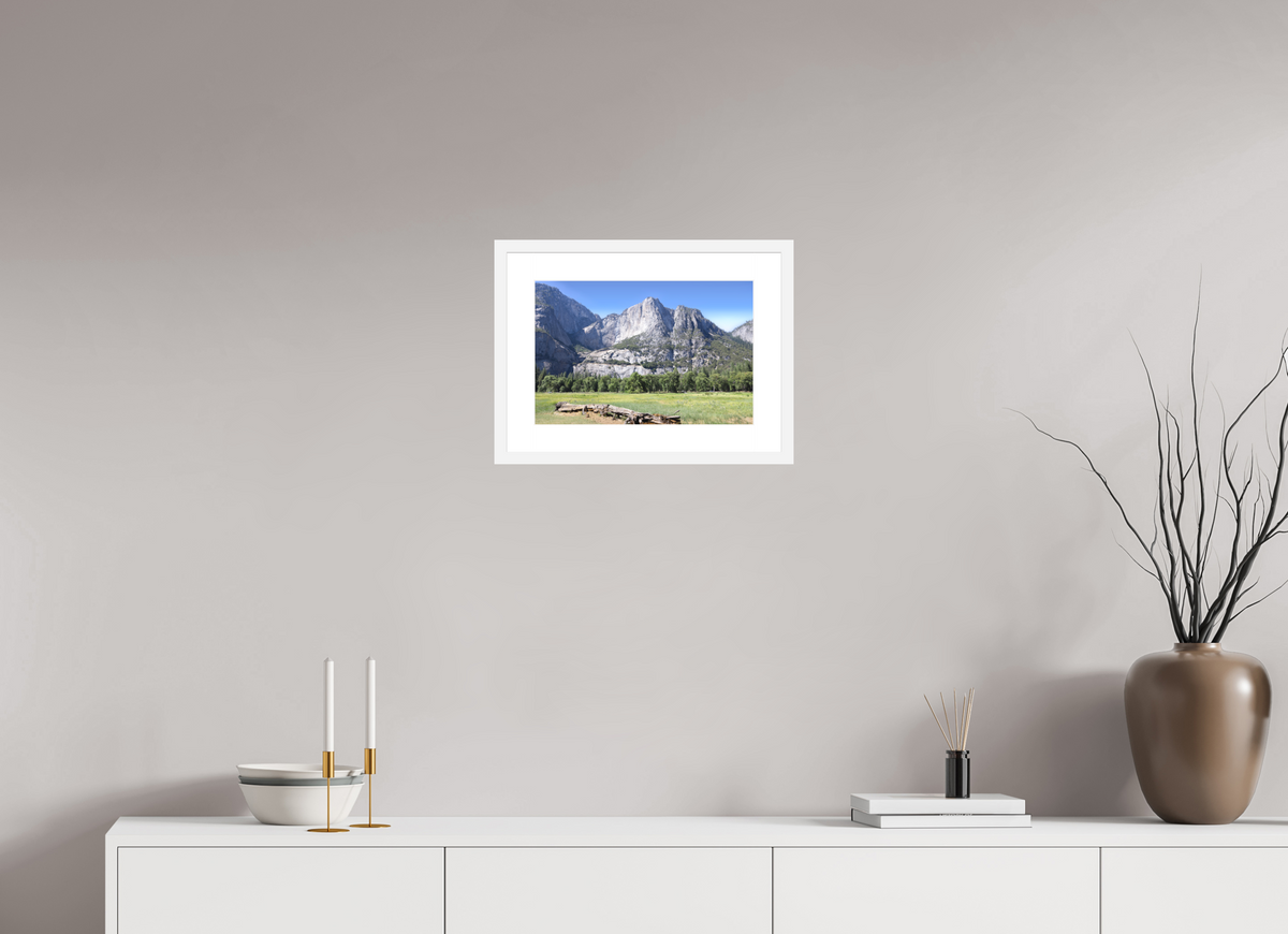 Cathedral Rocks fine art print of Cathedral Rocks above a meadow in Yosemite, 15 x 10 in, white wood frame with white mat
