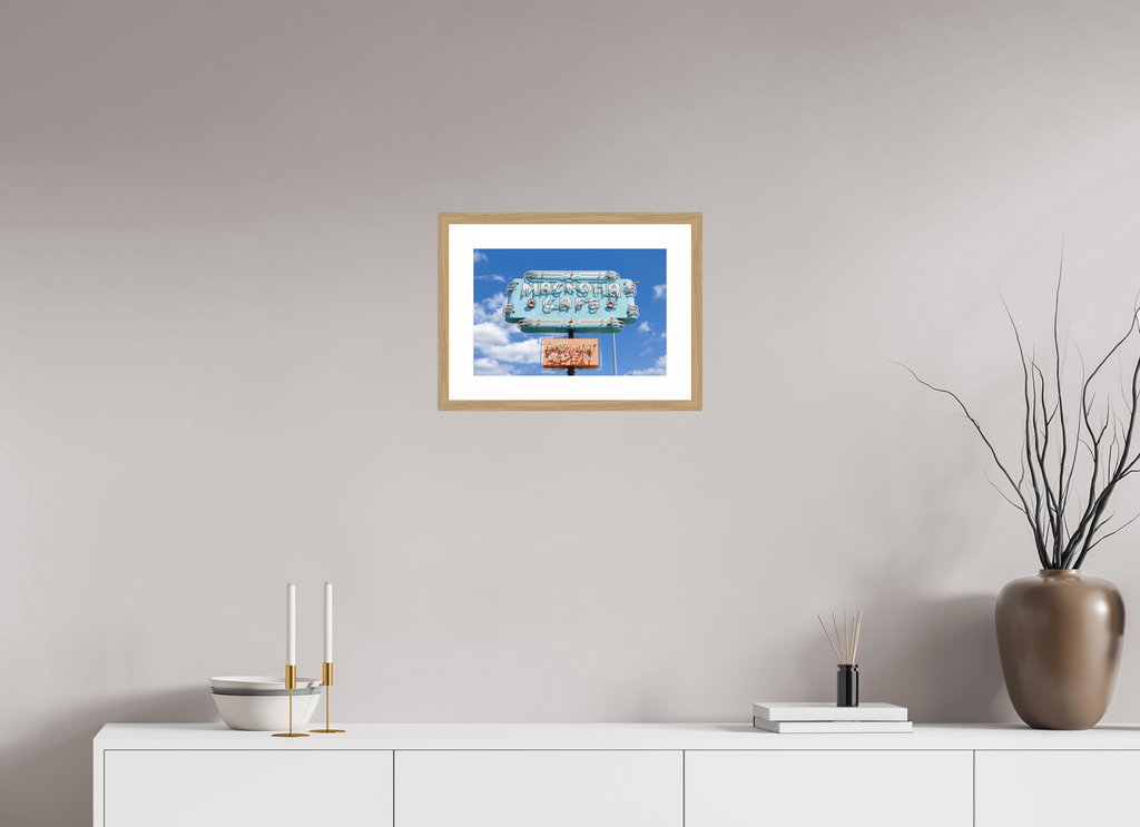 Teal Magnolias fine art print of the Magnolia Cafe sign in Austin, Texas, 15 x 10 in, natural oak wood frame with white mat