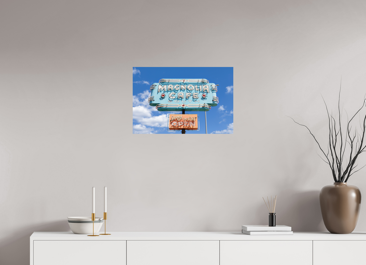 Teal Magnolias fine art print of the Magnolia Cafe sign in Austin, Texas, 24 x 16 in, unframed