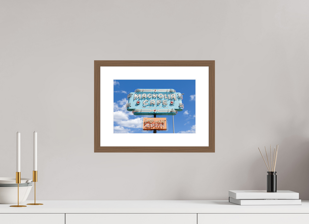 Teal Magnolias fine art print of the Magnolia Cafe sign in Austin, Texas, 12 x 8 in, walnut wood frame with white mat