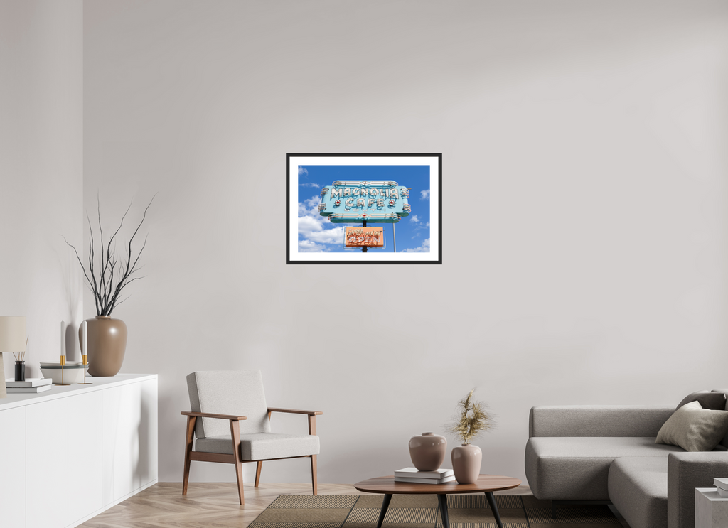 Teal Magnolias fine art print of the Magnolia Cafe sign in Austin, Texas, 30 x 20 in, black wood frame with white mat