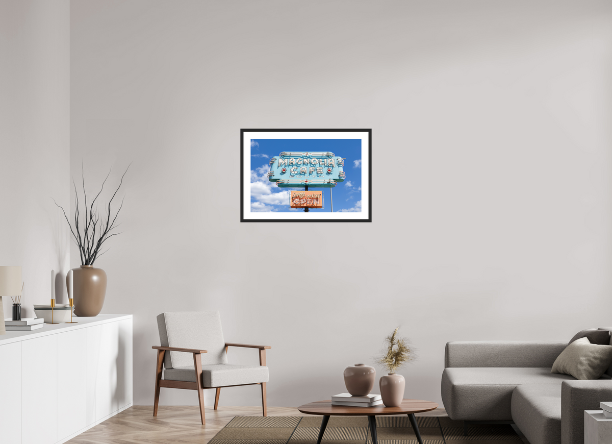 Teal Magnolias fine art print of the Magnolia Cafe sign in Austin, Texas, 30 x 20 in, black wood frame with white mat