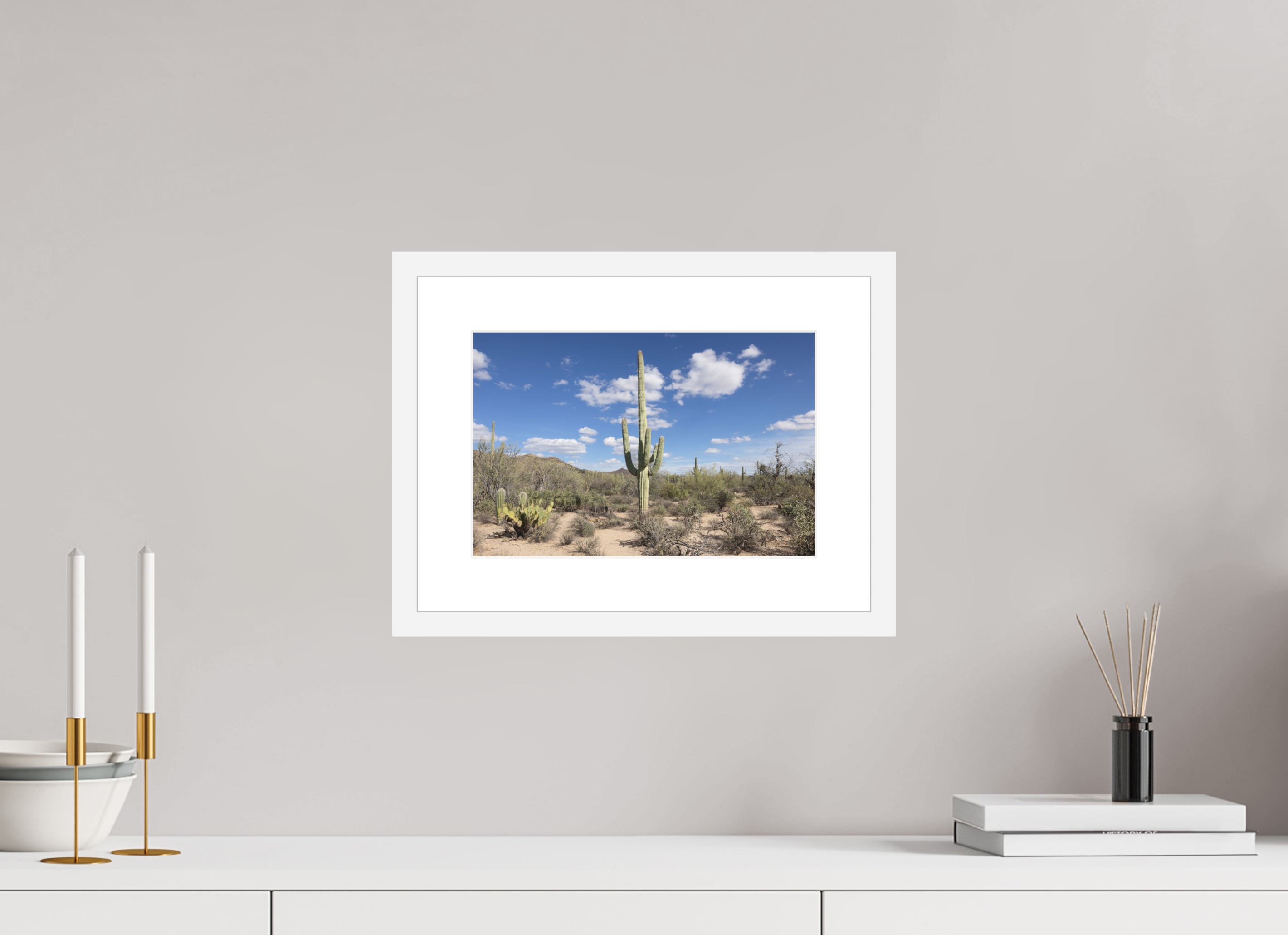 12 x 8″, White Wood Frame Saguaro II