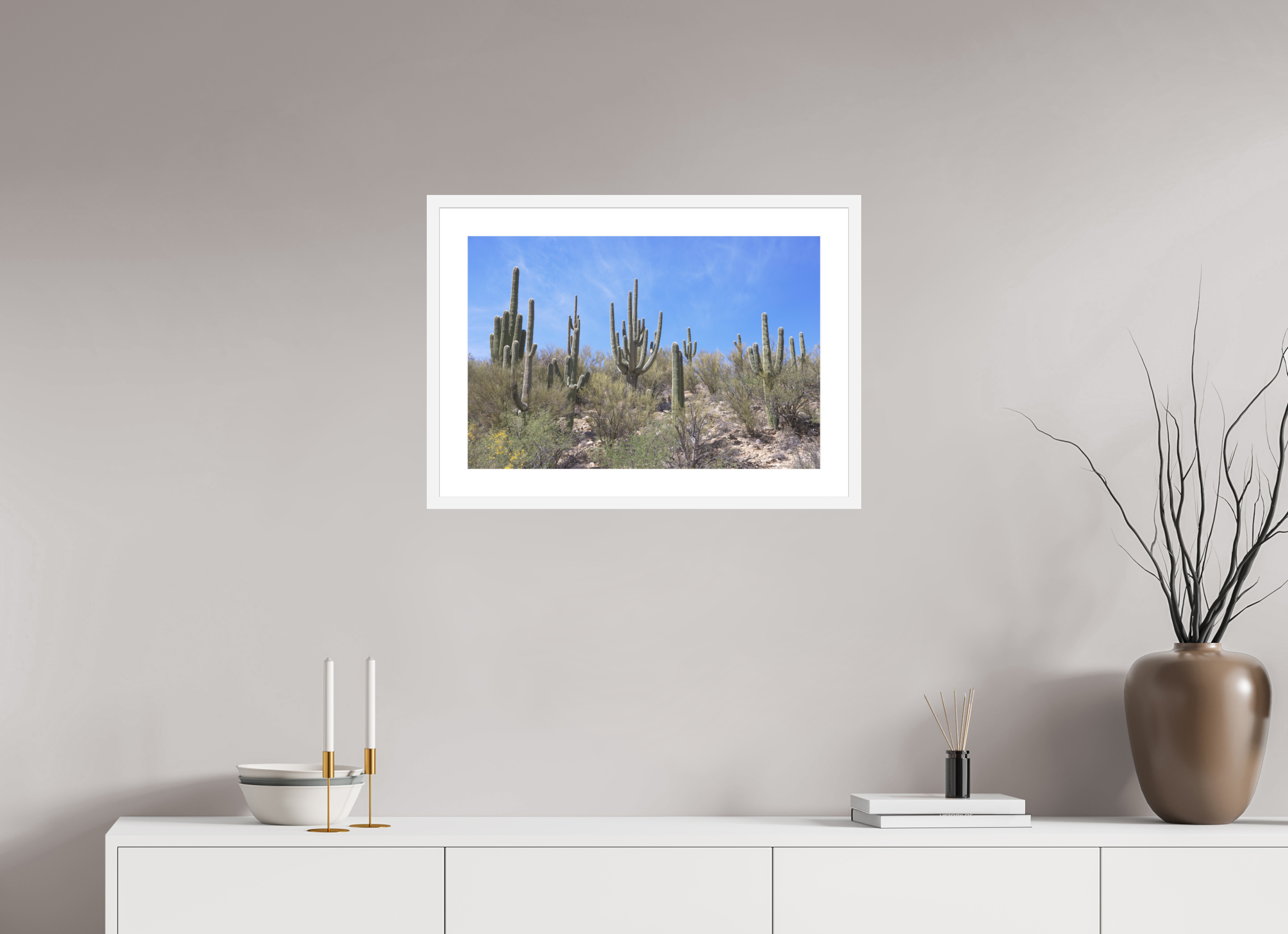 24 x 16″, White Wood Frame Saguaro I