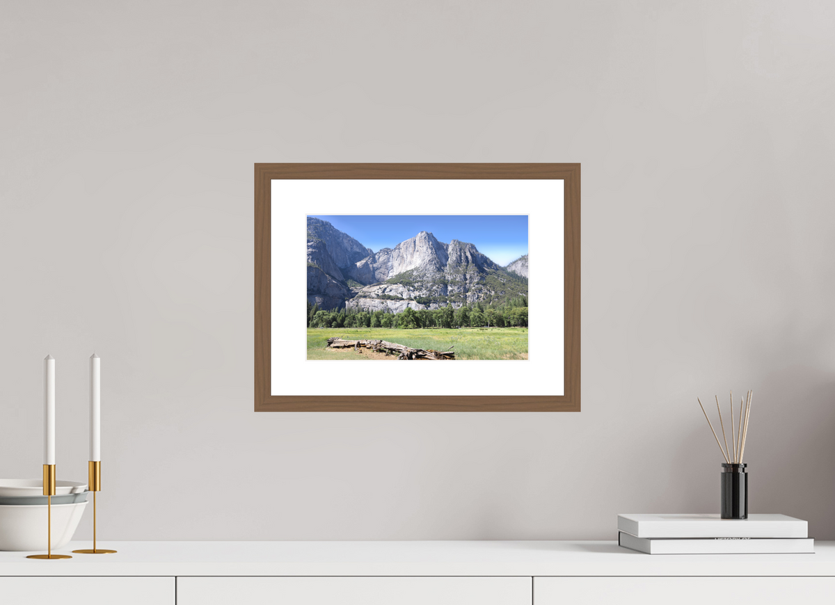 Cathedral Rocks fine art print of Cathedral Rocks above a meadow in Yosemite, 12 x 8 in, walnut wood frame with white mat