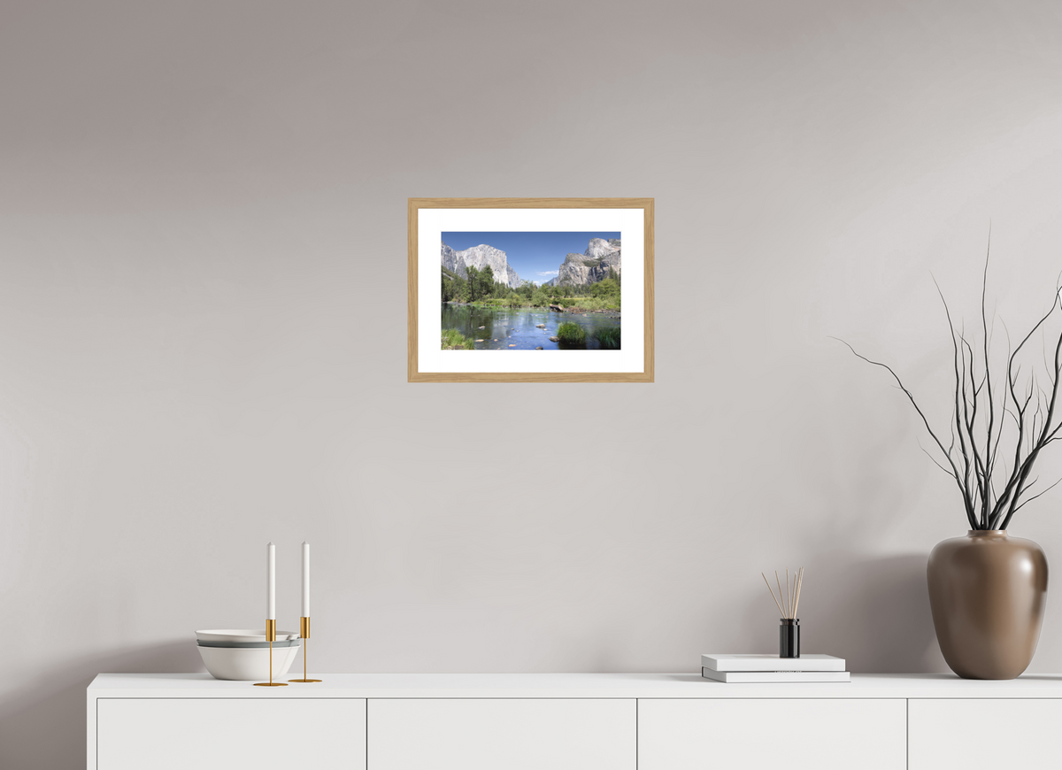Yosemite Valley fine art print of the Merced River and granite cliffs of Yosemite Valley, 15 x 10 in, natural oak wood frame with white mat