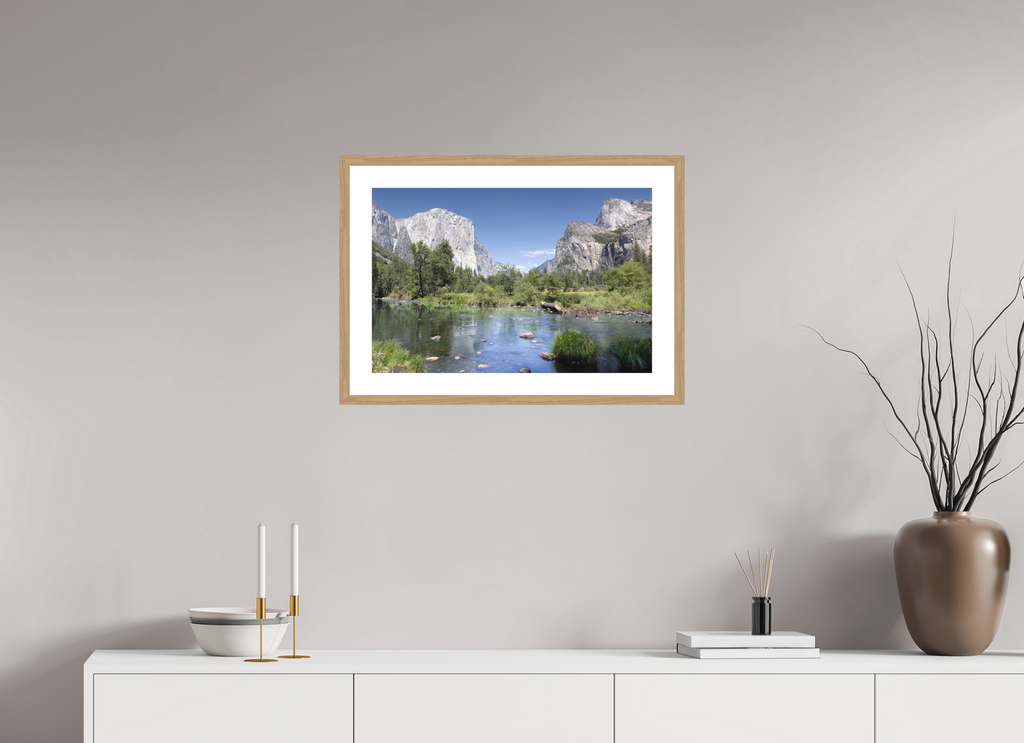 Yosemite Valley fine art print of the Merced River and granite cliffs of Yosemite Valley, 24 x 16 in, natural oak wood frame with white mat