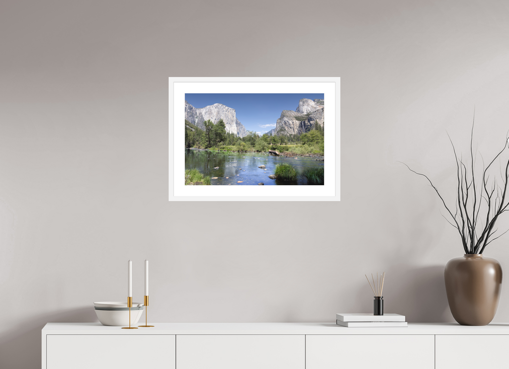 Yosemite Valley fine art print of the Merced River and granite cliffs of Yosemite Valley, 24 x 16 in, white wood frame with white mat