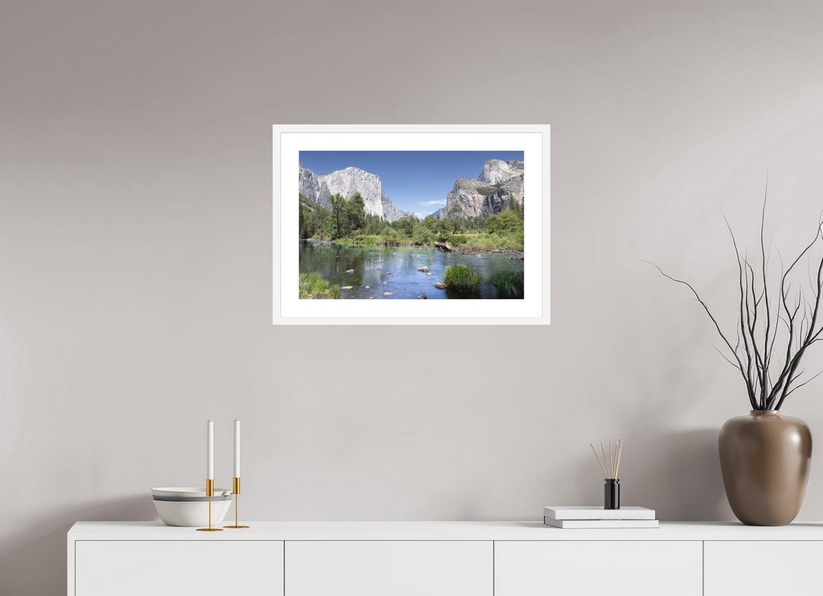 Yosemite Valley fine art print of the Merced River and granite cliffs of Yosemite Valley, 24 x 16 in, white wood frame with white mat