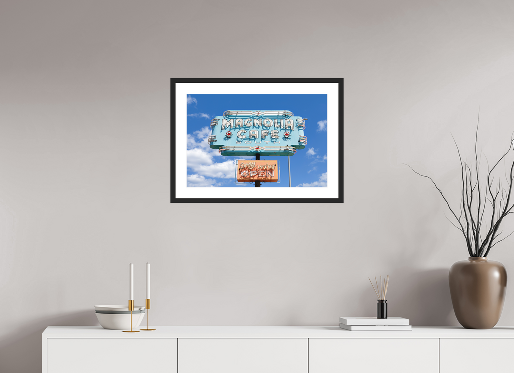 Teal Magnolias fine art print of the Magnolia Cafe sign in Austin, Texas, 24 x 16 in, black wood frame with white mat