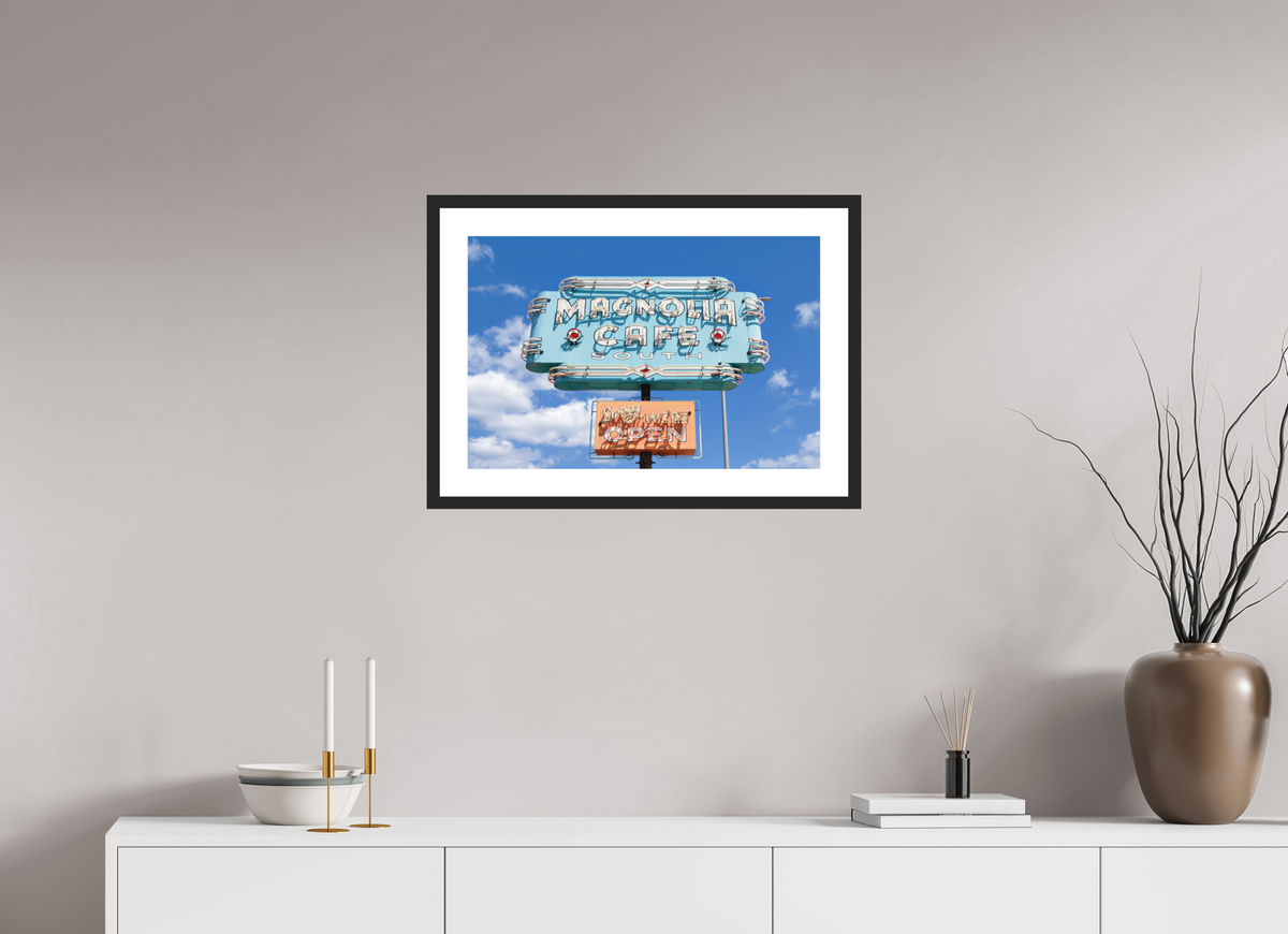 Teal Magnolias fine art print of the Magnolia Cafe sign in Austin, Texas, 24 x 16 in, black wood frame with white mat