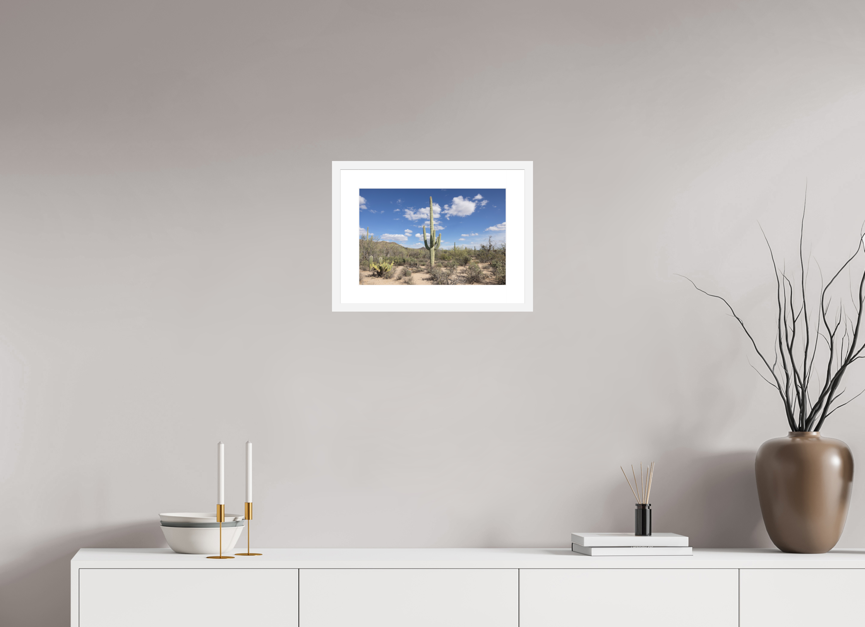 15 x 10″, White Wood Frame Saguaro II