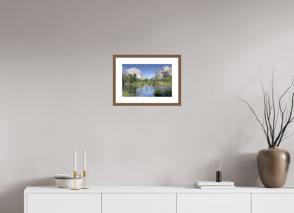 Yosemite Valley fine art print of the Merced River and granite cliffs of Yosemite Valley, 15 x 10 in, walnut wood frame with white mat