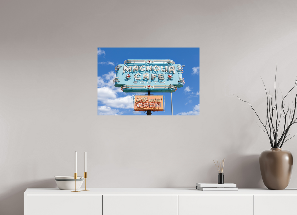 Teal Magnolias fine art print of the Magnolia Cafe sign in Austin, Texas, 30 x 20 in, unframed