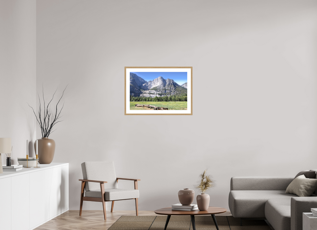 Cathedral Rocks fine art print of Cathedral Rocks above a meadow in Yosemite, 30 x 20 in, natural oak wood frame with white mat