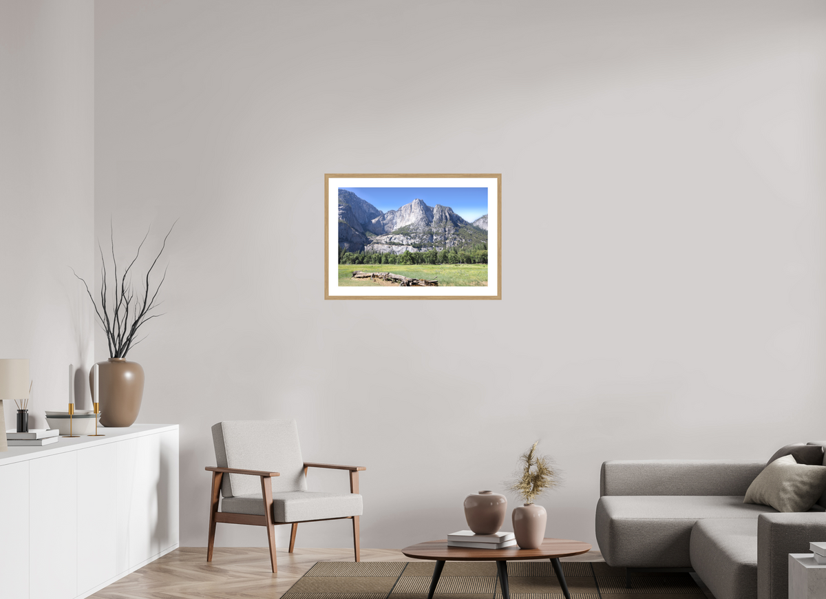 Cathedral Rocks fine art print of Cathedral Rocks above a meadow in Yosemite, 30 x 20 in, natural oak wood frame with white mat
